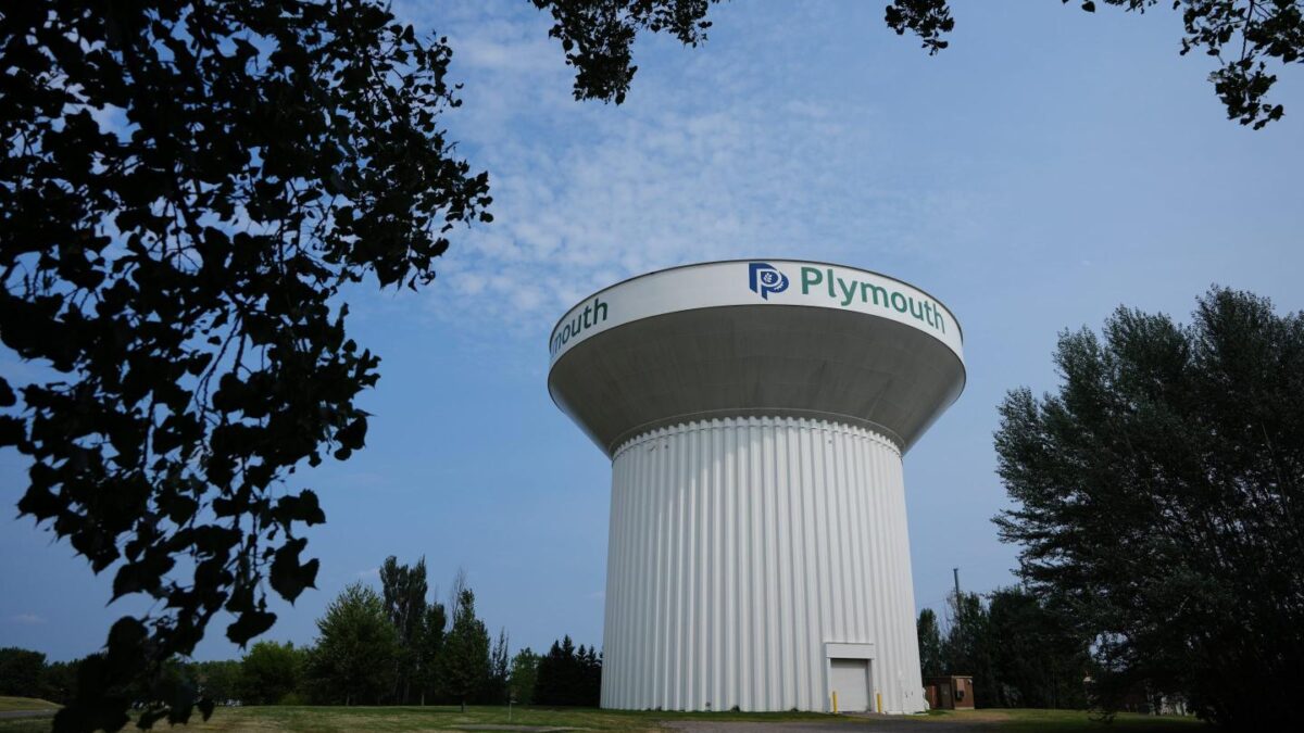 A water tower is seen Thursday, July 30, 2026, in Plymouth, Minn.