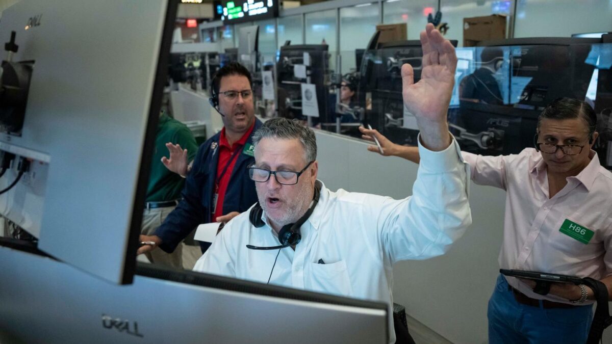 Options trader Marty Handler works on the floor of the New York Stock Exchange, Thursday, Aug. 27, 2026, in New York.
