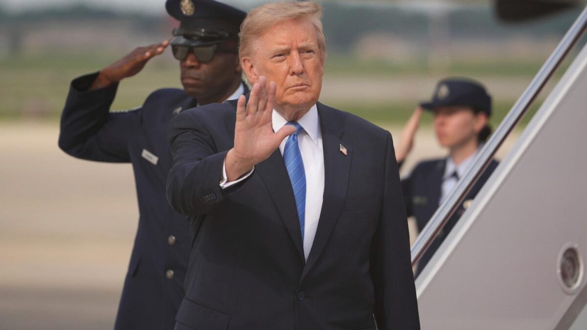 President Donald Trump waves after arriving off Air Force One, Friday, Aug. 28, 2026, at Joint Base Andrews, Md.
