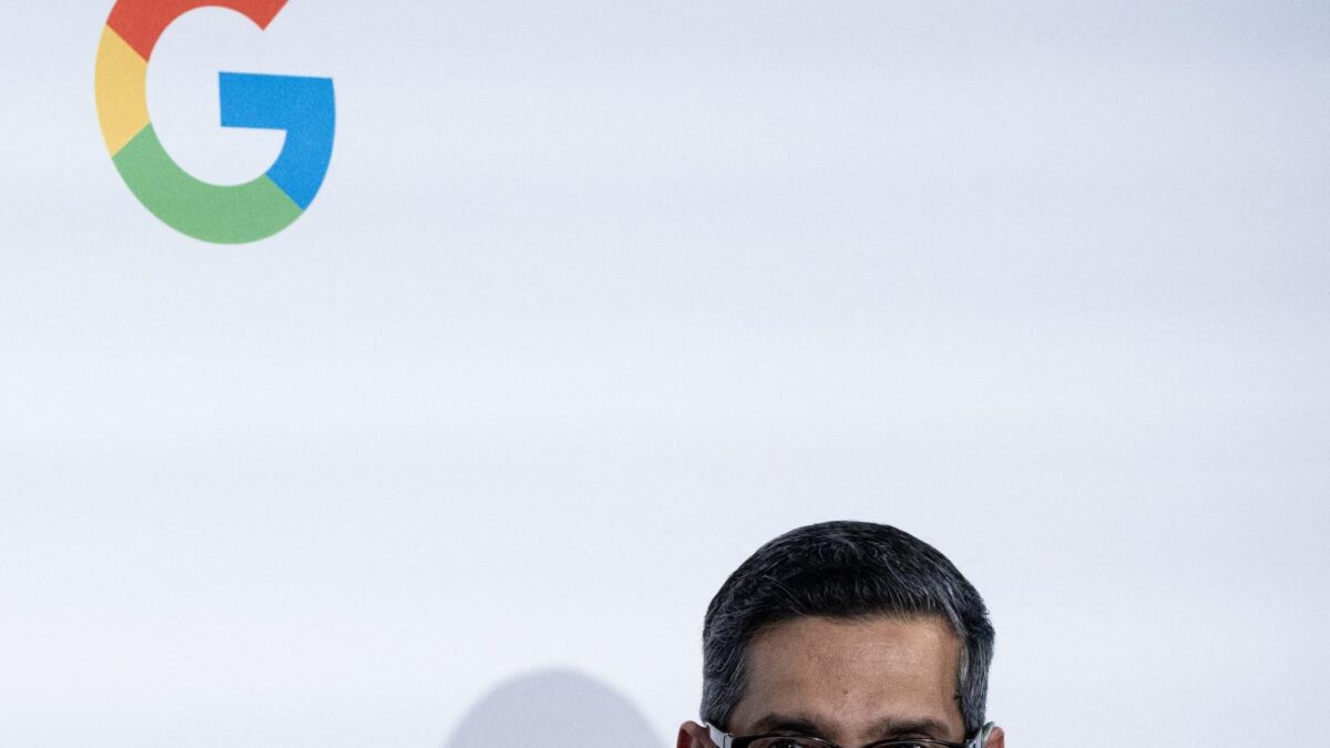 Alphabet Inc. and Google CEO Sundar Pichai speaks during the inauguration of a Google Artificial Intelligence (AI) hub in Paris on February 15, 2024. (