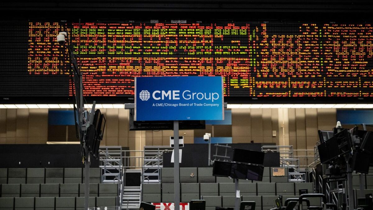 CME Group signage above the former Chicago Board of Trade (CBOT) trading pit in Chicago, Illinois, US, on Thursday, Nov. 13, 2025.