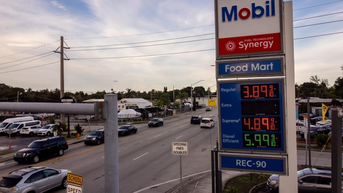 A sign displays the prices of unleaded gasoline and diesel fuel at a Mobil gas station in Miami, Florida, on Thursday, Sept. 3. Gasoline prices were at an average of $4.14 per gallon as of Wednesday, already the highest price ever for September, and well above the $3.80 per gallon drivers paid on July 4, the peak of the summer driving season.