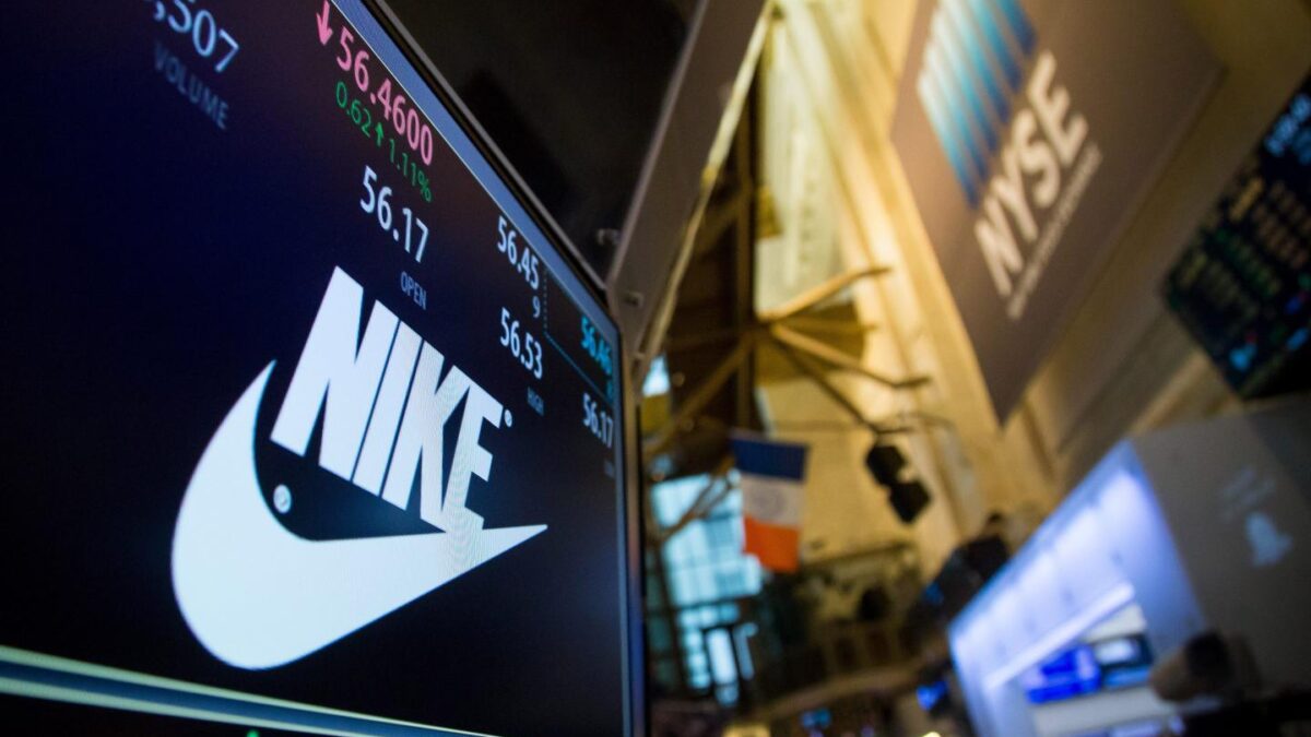 Nike Inc. signage is displayed on a monitor on the floor of the New York Stock Exchange (NYSE) in New York.